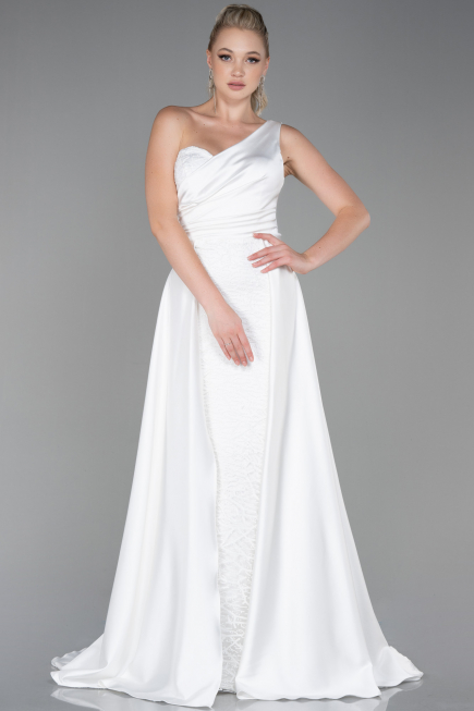 Robe de Soirée Longue Satin Blanc ABU2933