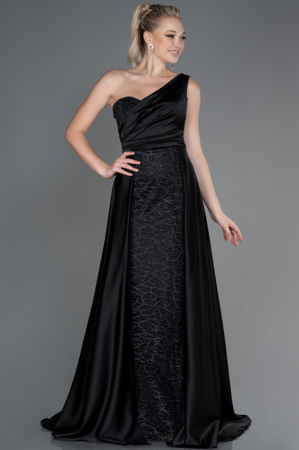 Robe de Soirée Longue Satin Noir ABU2933