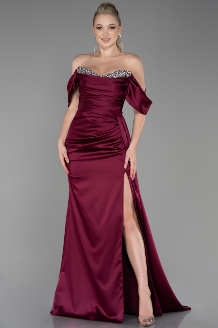 Robe De Soirée Satin Longue Couleur Cerise ABU2661