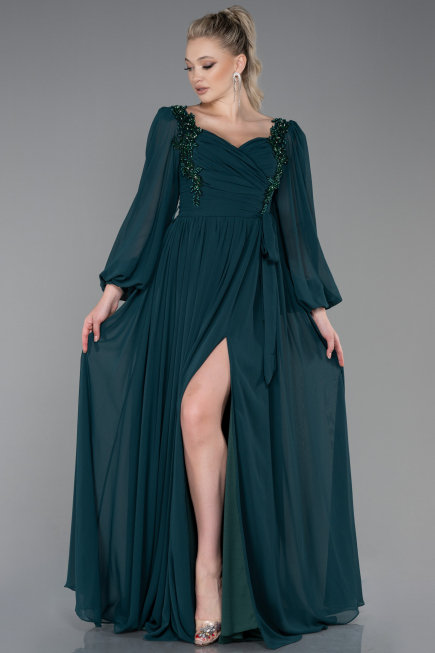 Robe de Soirée Longue Mousseline Émeraude ABU3243