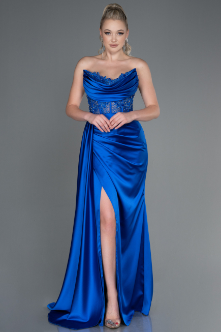 Robe de Soirée Longue Satin Bleu Saxe ABU2127