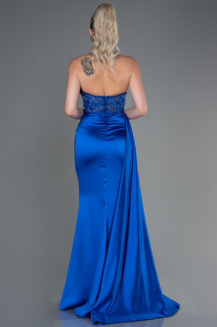 Robe de Soirée Longue Satin Bleu Saxe ABU2127