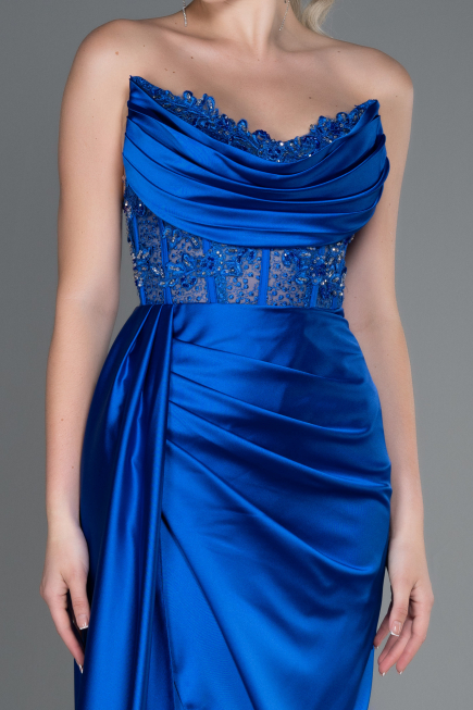 Robe de Soirée Longue Satin Bleu Saxe ABU2127