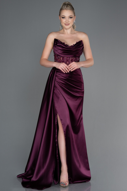 Robe De Soirée Satin Longue Couleur Cerise ABU2127