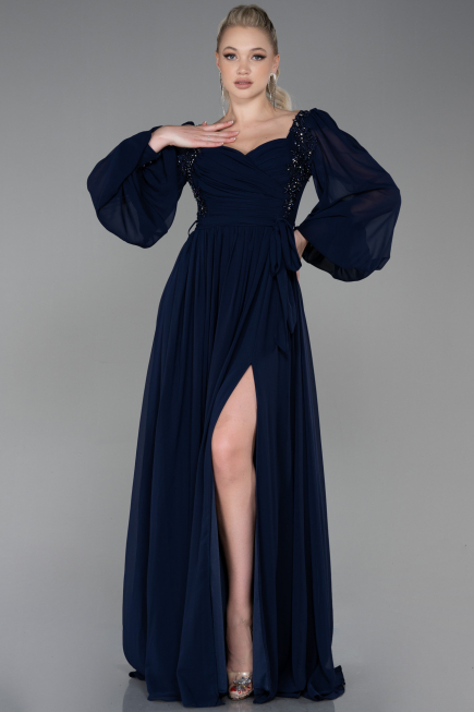 Robe de Soirée Longue Mousseline Bleu Marine ABU3243