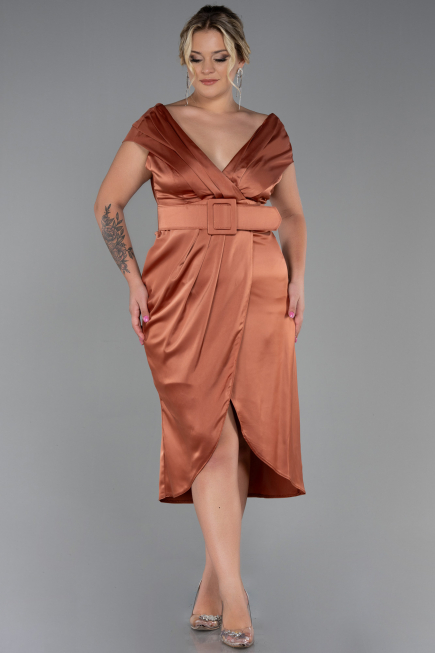 Robe De Soirée Grande Taille Satin Midi Marron clair ABK1499