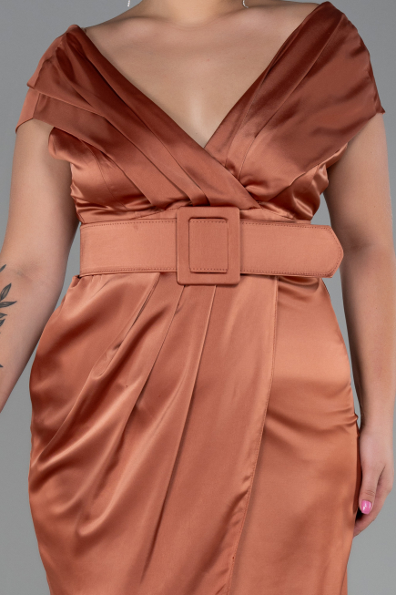Robe De Soirée Grande Taille Satin Midi Marron clair ABK1499
