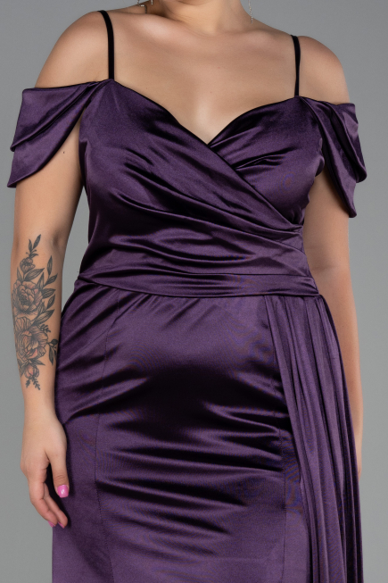 Robe Grande Taille Satin Longue Violet Foncé ABU2855