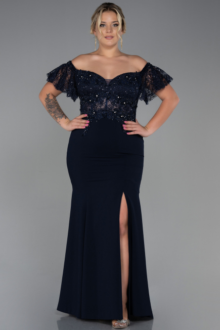 Robe de Soirée Grande Taille Longue Dantelle Bleu Marine ABU2571