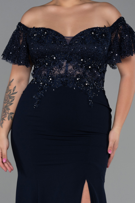 Robe de Soirée Grande Taille Longue Dantelle Bleu Marine ABU2571