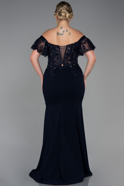 Robe de Soirée Grande Taille Longue Dantelle Bleu Marine ABU2571