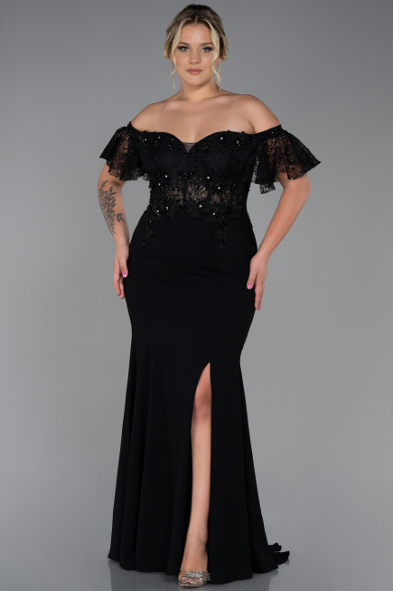 Robe de Soirée Grande Taille Longue Dantelle Noir ABU2571