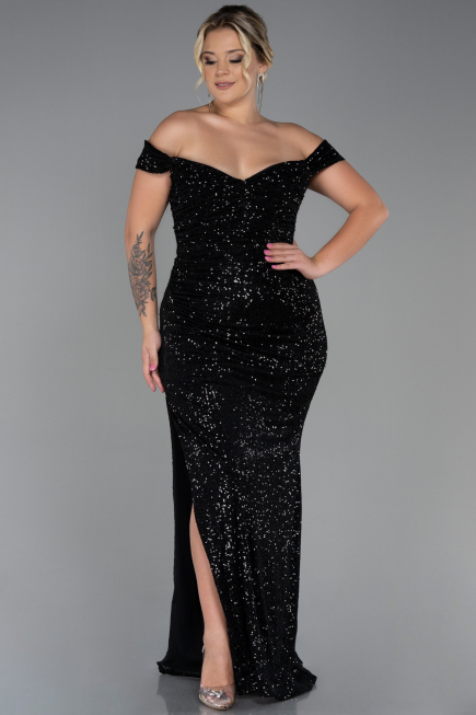 Robe Grande Taille Longue Squameuse Noir ABU3203