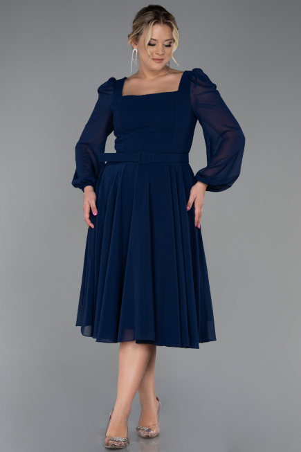 Robe Grande Taille Mousseline Midi Bleu Marine ABK1753