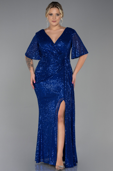 Robe De Soirée Grande Taille Squameuse Longue Bleu Saxe ABU2796