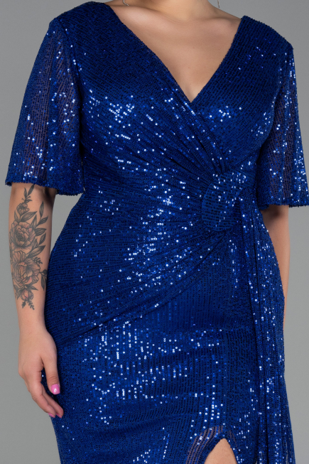 Robe De Soirée Grande Taille Squameuse Longue Bleu Saxe ABU2796
