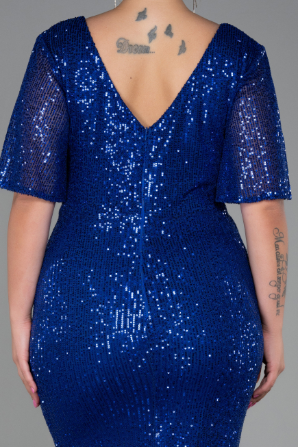 Robe De Soirée Grande Taille Squameuse Longue Bleu Saxe ABU2796