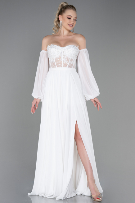 Robe de Soirée Longue Mousseline Blanc ABU3265