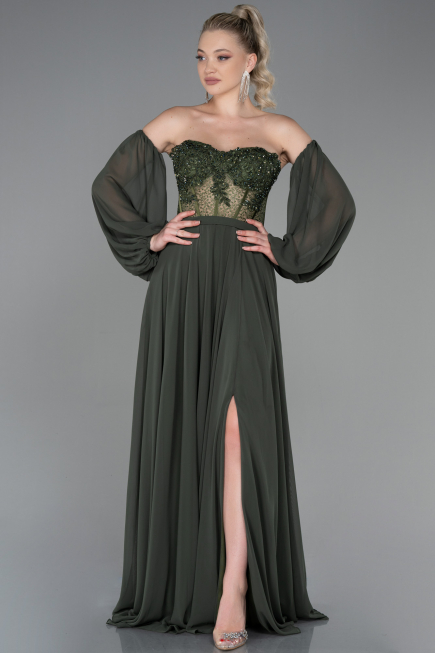 Robe de Soirée Longue Mousseline Kaki ABU3265