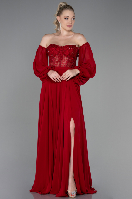 Robe de Soirée Longue Mousseline Rouge ABU3265