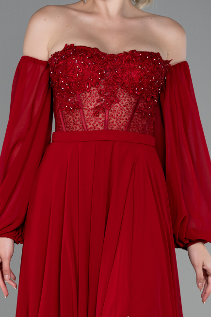 Robe de Soirée Longue Mousseline Rouge ABU3265