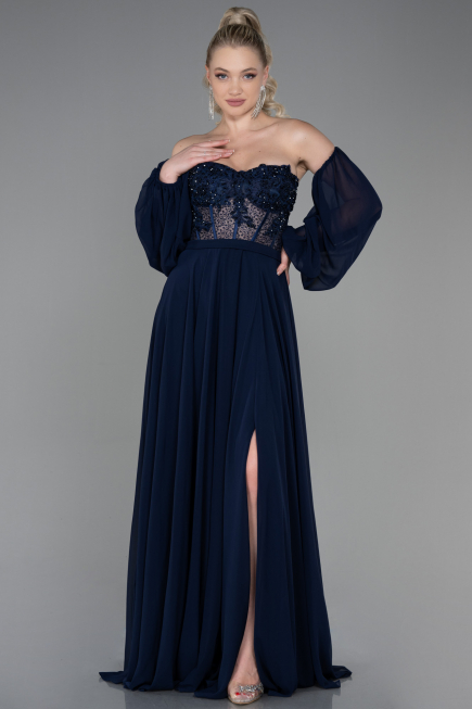 Robe de Soirée Longue Mousseline Bleu Marine ABU3265