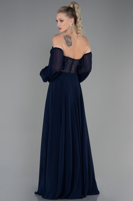Robe de Soirée Longue Mousseline Bleu Marine ABU3265