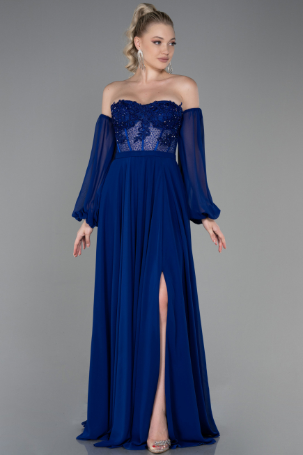 Robe de Soirée Longue Mousseline Bleu Saxe ABU3265