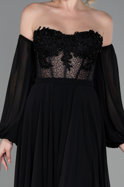 Robe de Soirée Longue Mousseline Noir ABU3265