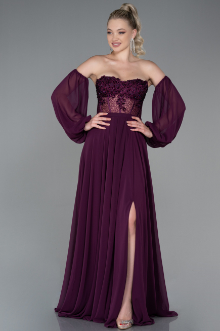 Robe de Soirée Longue Mousseline Couleur Cerise ABU3265