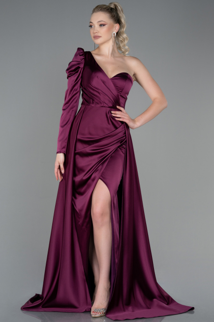 Robe De Soirée Satin Longue Prune ABU1715
