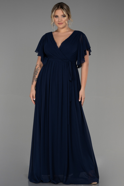 Robe de Soirée Grande Taille Longue Mousseline Bleu Marine ABU3276