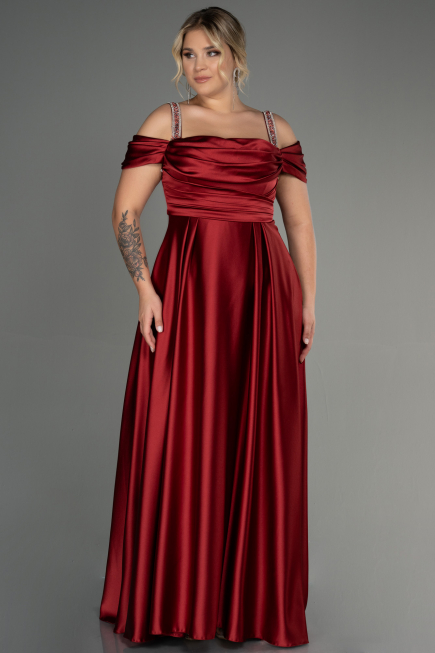 Robe de Soirée Grande Taille Longue Satin Rouge Bordeaux ABU3277
