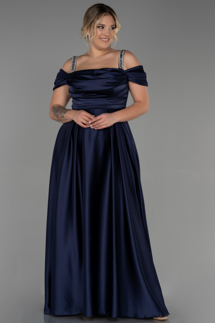 Robe de Soirée Grande Taille Longue Satin Bleu Marine ABU3277