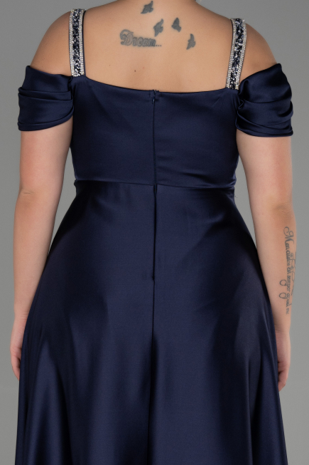 Robe de Soirée Grande Taille Longue Satin Bleu Marine ABU3277