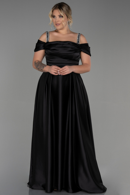 Robe de Soirée Grande Taille Longue Satin Noir ABU3277