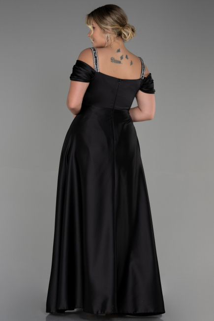 Robe de Soirée Grande Taille Longue Satin Noir ABU3277