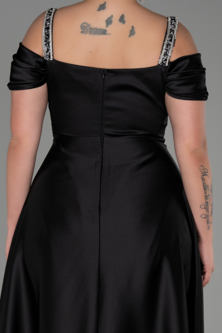 Robe de Soirée Grande Taille Longue Satin Noir ABU3277