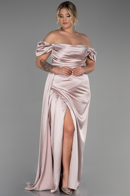 Robe De Soirée Grande Taille Satin Longue Beige ABU1626