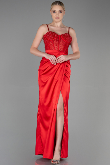 Robe de Soirée Longue Satin Rouge ABU3312