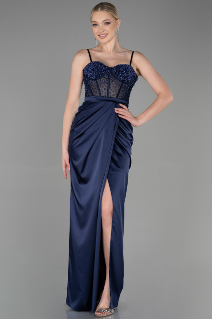 Robe de Soirée Longue Satin Bleu Marine ABU3312