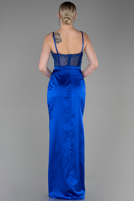 Robe de Soirée Longue Satin Bleu Saxe ABU3312