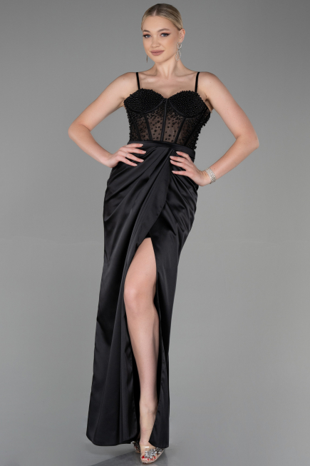 Robe de Soirée Longue Satin Noir ABU3312