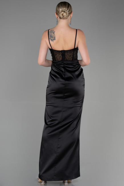 Robe de Soirée Longue Satin Noir ABU3312