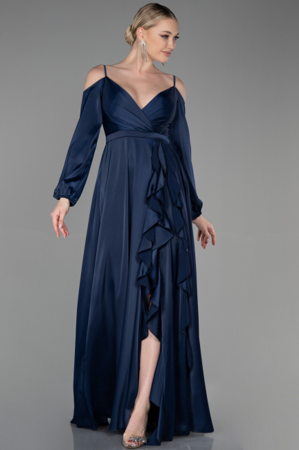 Robe de Soirée Longue Satin Bleu Marine ABU2339