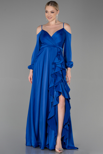 Robe de Soirée Longue Satin Bleu Saxe ABU2339