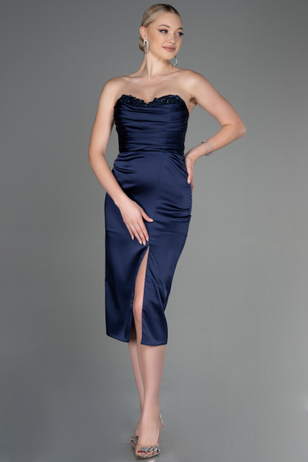 Robe de Cérémonie Midi Satin Bleu Marine ABK1845