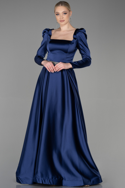Robe de Soirée Longue Satin Bleu Marine ABU3316
