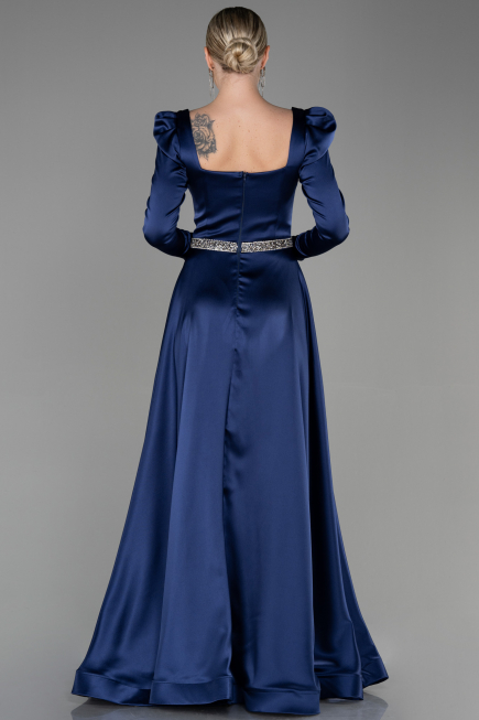 Robe de Soirée Longue Satin Bleu Marine ABU3316
