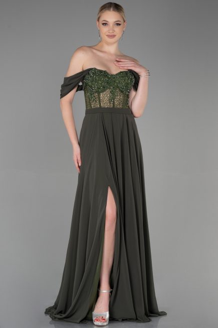Robe de Soirée Longue Mousseline Kaki ABU3310